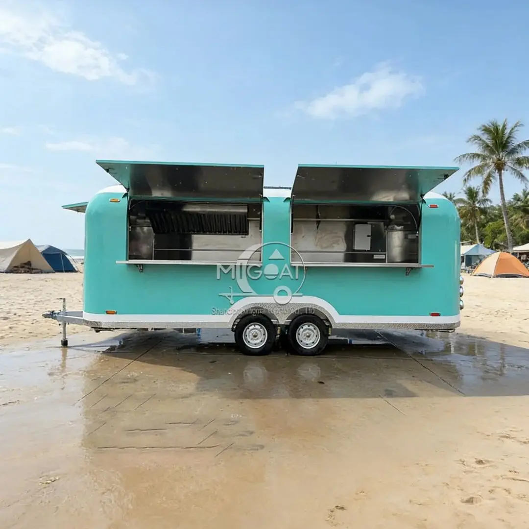 Commercial Mobile Kitchen Food Cart Trailer with Stainless Steel Interior Foldable Serving Counter for Catering Outdoor Events