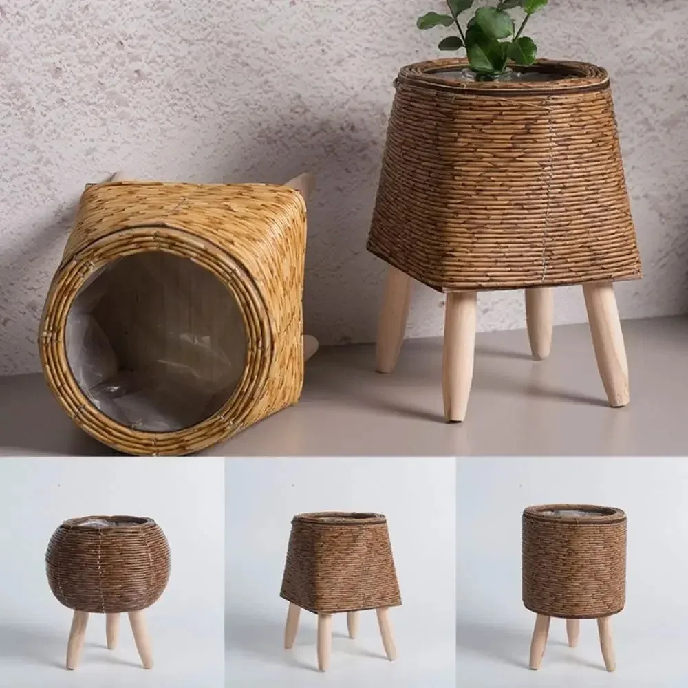 Purely Handmade Retro Rattan Desktop Flower Pot Storage Decorative Window Planter Garden Decorations Flower Pots  Plant Pot