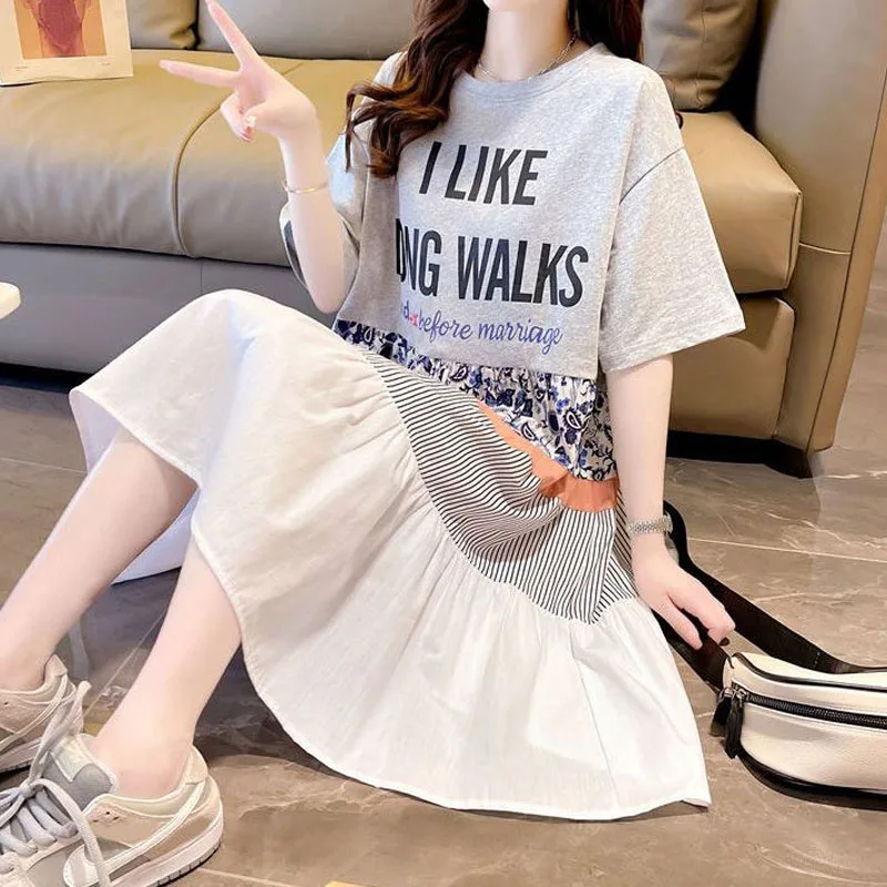 韓国の女性のカジュアルなプリントTシャツドレス,だぶだぶの夏服,半袖