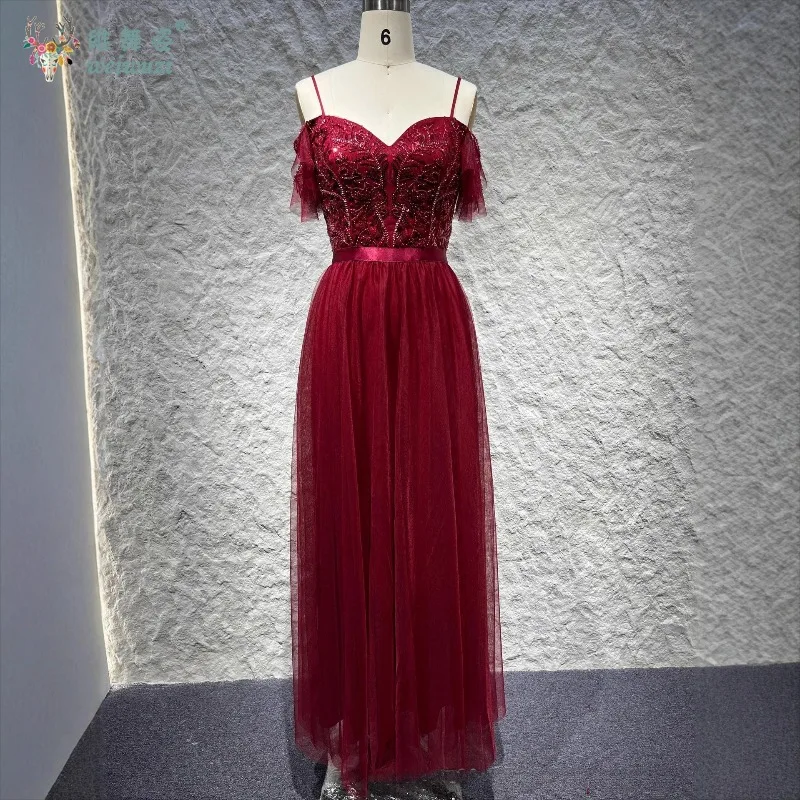 

A Line Off The Shoulder Sequined Mesh Prom Evening Ball Gown Exquisite Handmade Bead Embroidery Spaghetti Strap Cocktail Dress