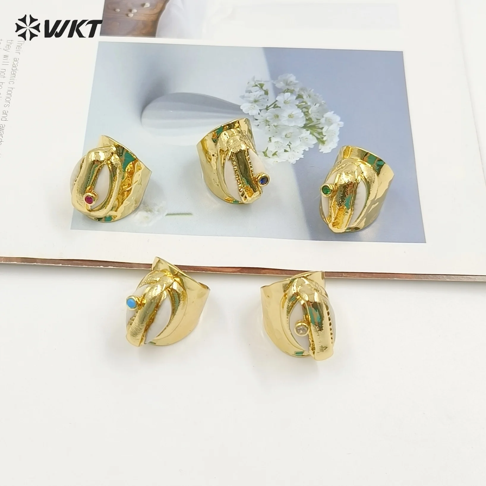 WT-R335 New Style Beautiful Natural Cowrie CZ Irregular Shape Ring With 18k Real Gold Plated For Women  Jewelry Gifts