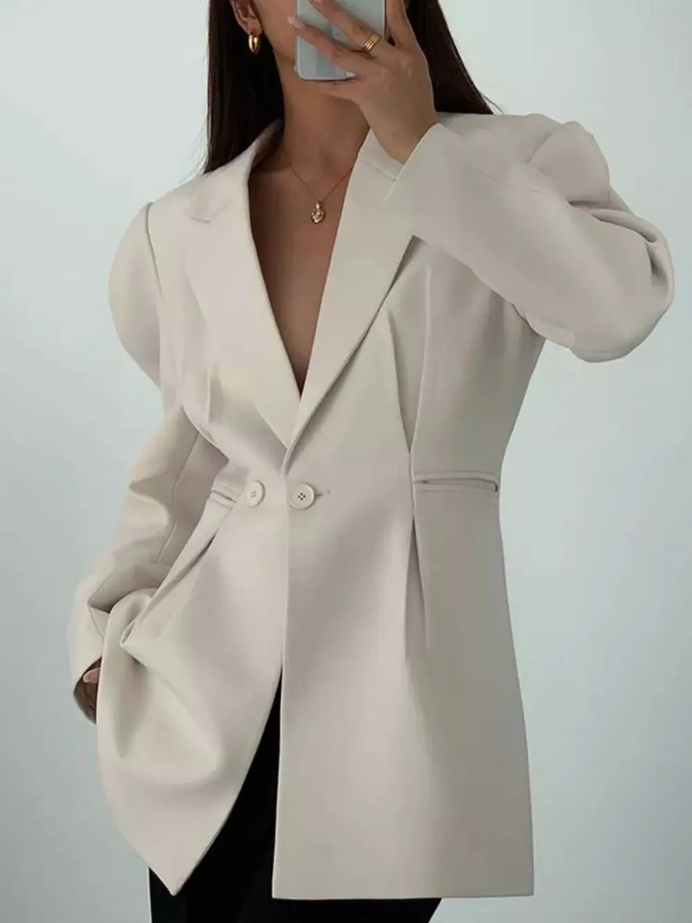 Chaqueta lisa de calle alta para mujer, abrigo blanco de manga larga con cuello con muescas, cintura ajustada, a la moda, nuevo diseño, Primavera