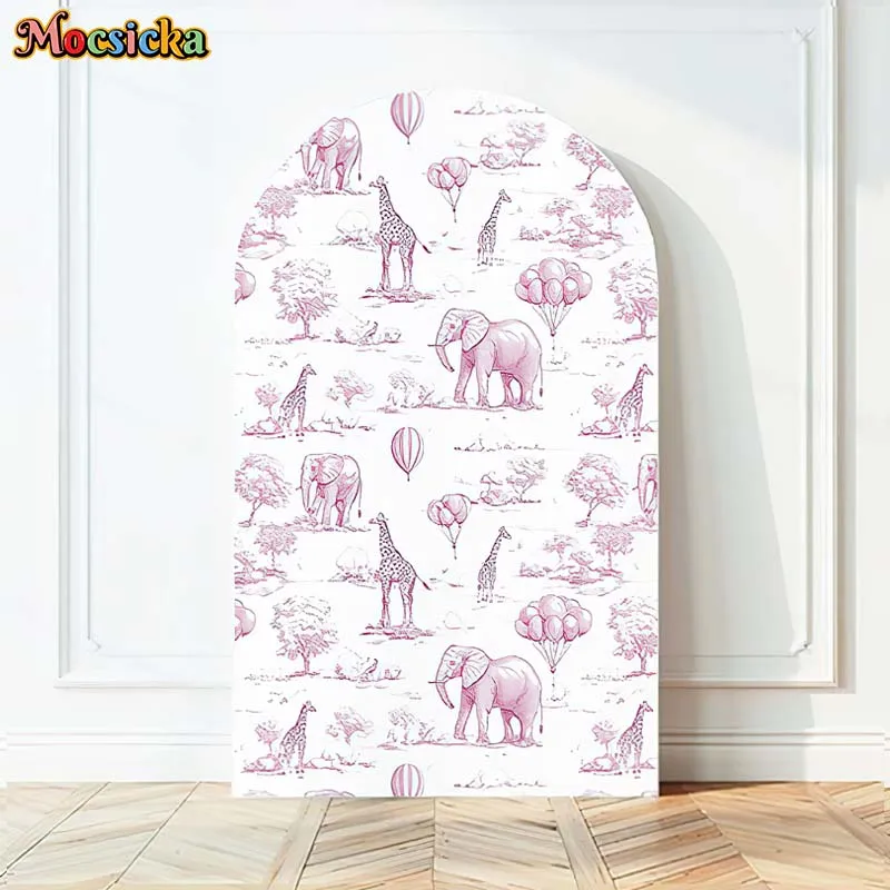 Mocsicka Photo background Chiara Arch Custom Doubleside Pink Balloons Toile De Jouy Baby Shower Birthday Party Backdrop Photo