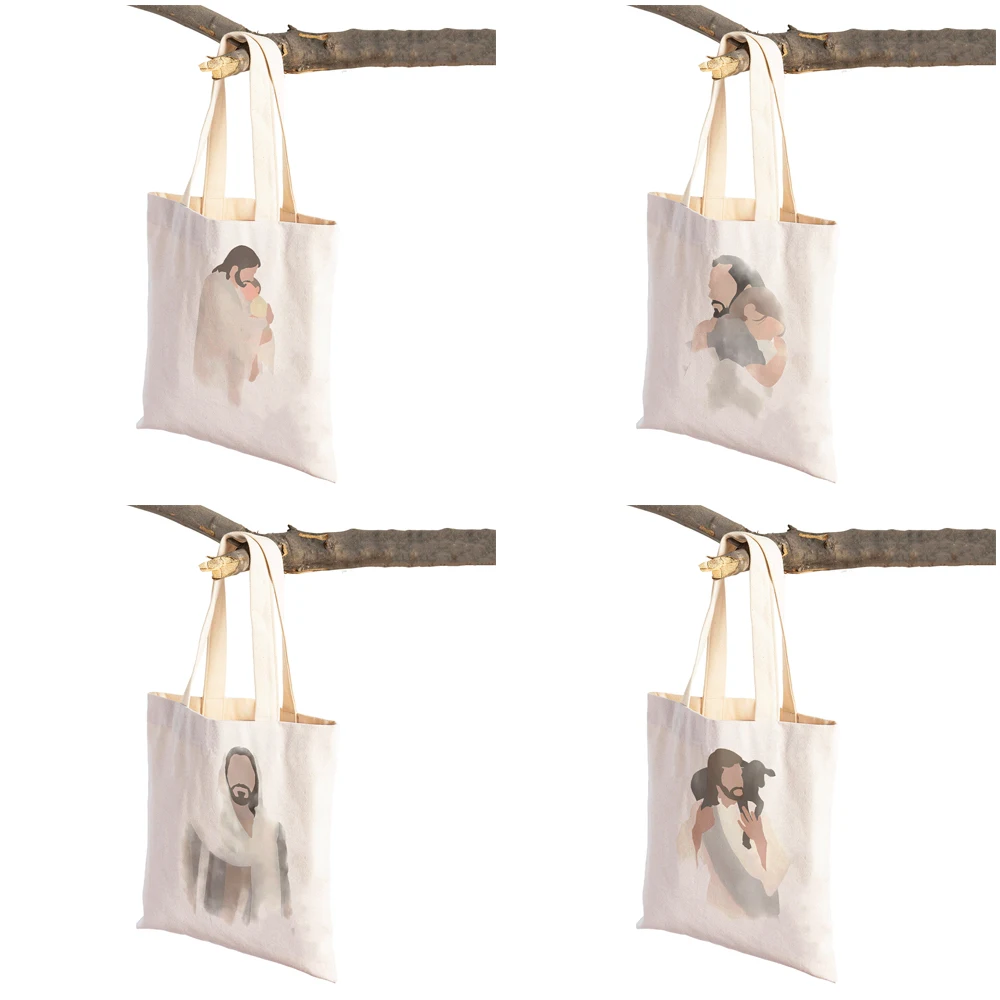 Jesus Portrait Christ\'s Embrace Christian Lady Shopper Bag Vintage Tote Handbag Savior Foldable Canvas Women Shopping Bags