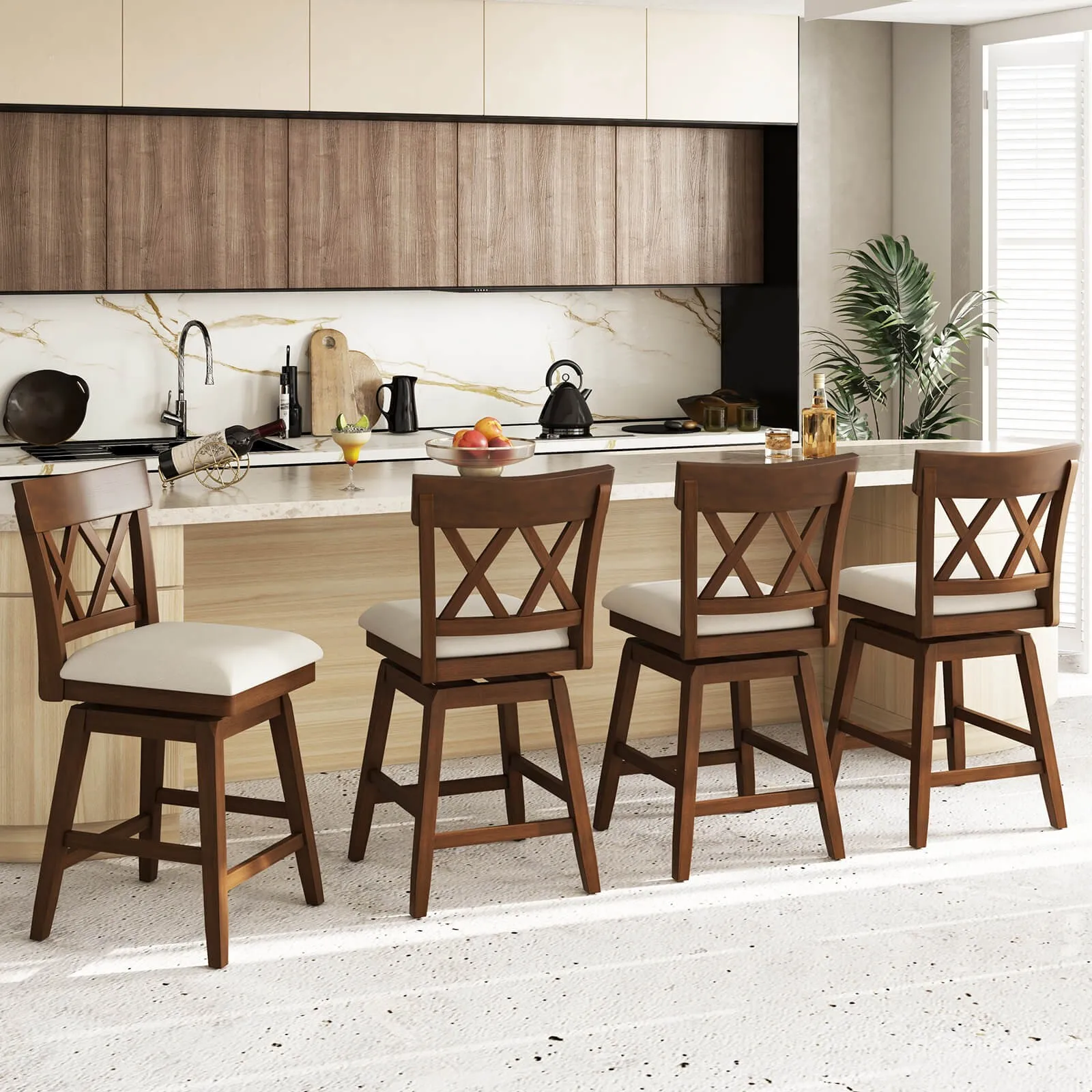 

24" Bar Stool Wooden Chair Set of 4 w/Contoured Backrest Swivel Padded Seat