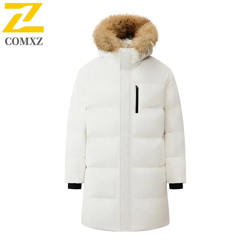 

COMXZ Men Long Down Jacket Fur Collar Hooded Outdoor Ski Windproof Filler Down Luxurious Daily Style Lightweight Winter Coat