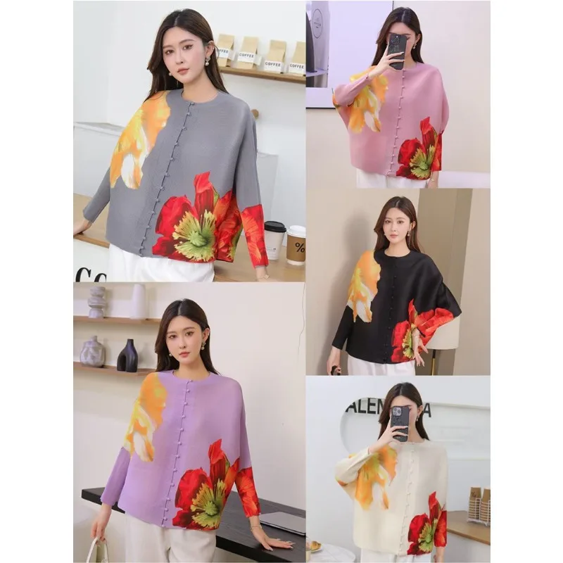 

Miyake Fold 2025 Autumn/Winter New Bat Sleeve Fold Comfortable Shirt Women's Large Spring Fashion Loose Pleats Cardigan Top