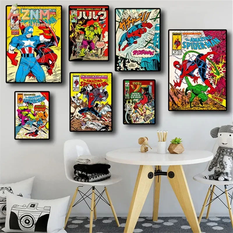 AZNM Marvel - Impresión en lienzo sin marco de cómics retro, arte de pared vintage de Spider-Man, Capitán América y Hulk, póster de decoración para el hogar de superhéroes, C