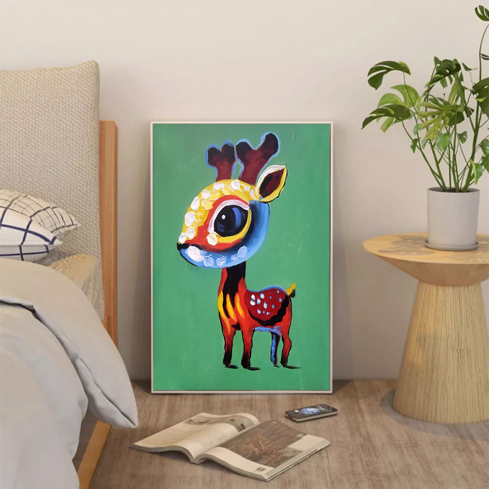 Canvas Print Painting Poster Cute Sika Deer Modern Cartoon Style Living Room Bedroom Porch Sofa Background Home Wall Decoration