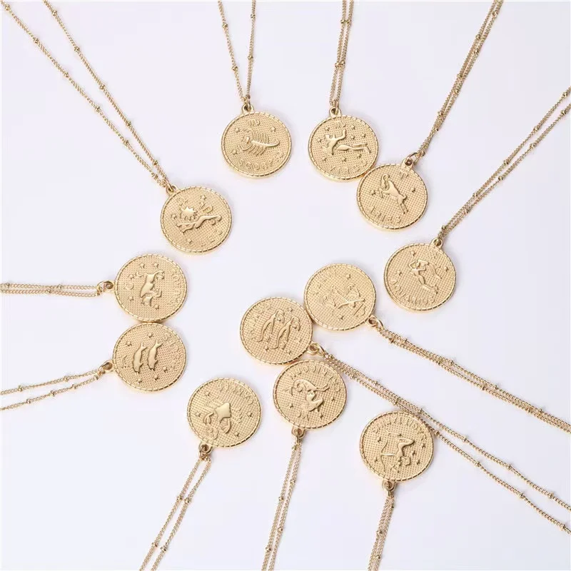 Plated Stainless Steel Coin 12 Constellations Pendant Necklaces Environmental Friendly 1pcs/opp Bag Gold Link Chain NGTC YF2485