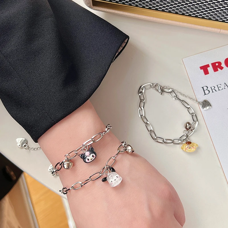 Sanrio Kawaii  Adjustable Bell Bracelet Cinnamoroll Kuromi Pompompurin My Melody Pochacco Cartoon Bracelet Anime Birthday Gift