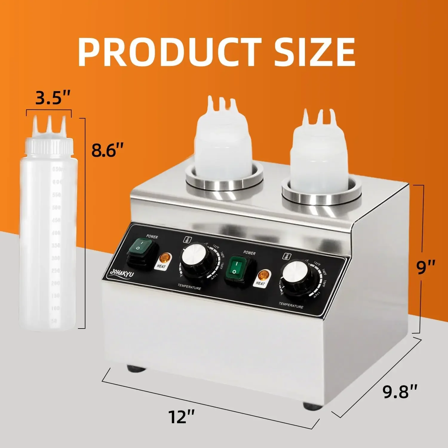 

Stainless Steel Countertop Hot Fudge/Nacho Cheese Warmer with 2×650ml Squeeze Bottles and 2 Funnels (2 Grids)