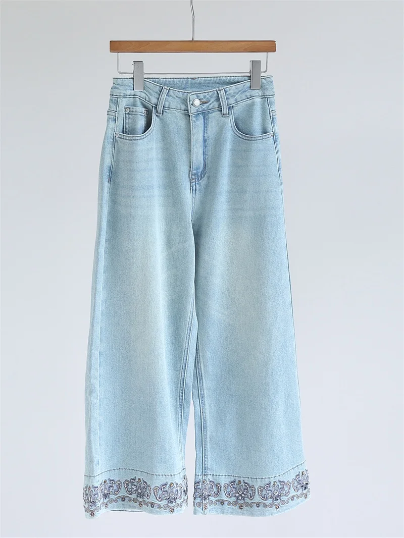 

Retro Washed Embroidered High Waist Slimming Casual Wide Leg Jeans Women's Cotton Denim Straight Cut Y60311 Fashionable All S...