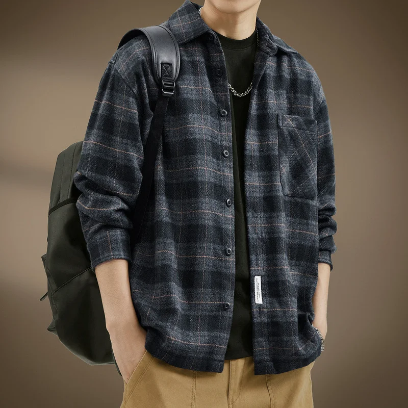 Men High End Japanese Style Vintage Brushed Plaid Long Sleeve Shirt Spring Autumn New Style Casual Loose Workwear Shirt Coat