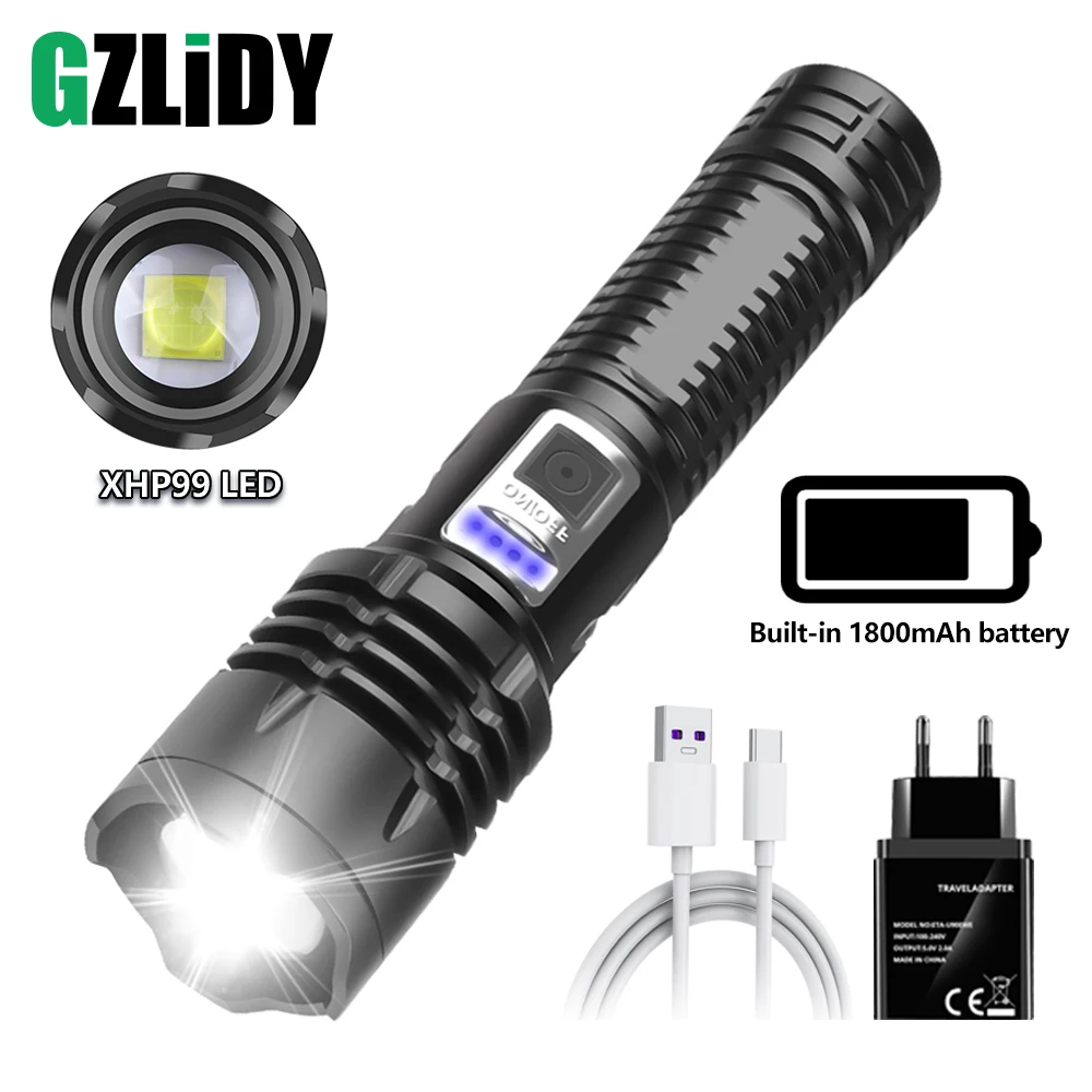 

High Power XHP99 LED Flashlight USB Rechargeable Camping Torch Waterproof Light Zoom Fishing Lantern Built-in 1800mAh Battery