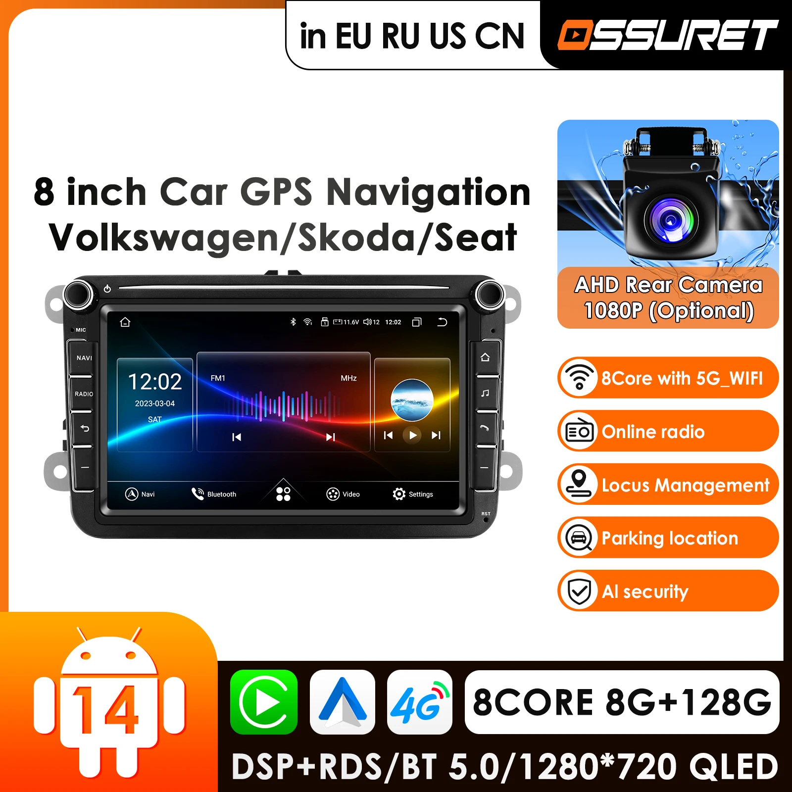 8+128G 2 DIN Android 14 Autoradio GPS Multimedia-Player für VW Volkswagen Golf Passat B7 B6 Skoda Seat Octavia Polo Tiguan Jetta