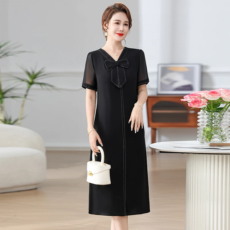 Mother dress summer dress Vintage middle-aged and elderly womens chiffon Bowtie collar loose cover belly western style