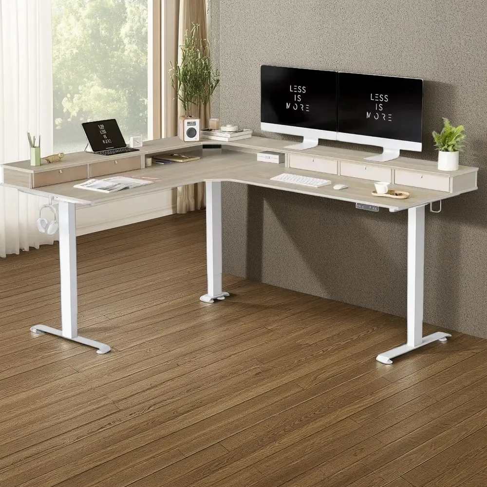

75" L Shaped Standing Desk with 5 Drawers - Reversible Electric Adjustable Height Gaming Desk in White Frame and Light Walnut To