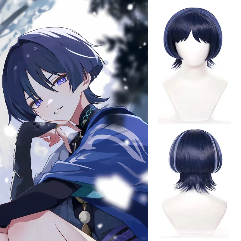 

Genshin Impact Scaramouche Wanderer Cosplay Wig Pre-Styled Dark Blue Synthetic Hair Heat Resistant for Halloween Cosplay