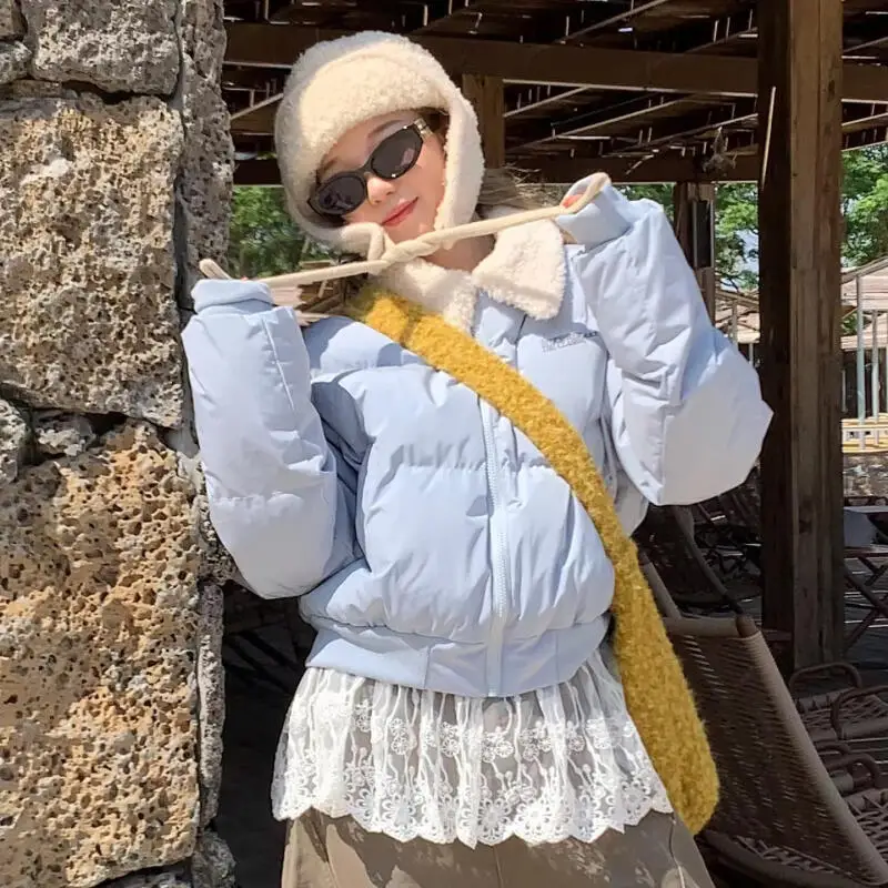 Parka da menina pão algodão-acolchoado jaqueta engrossar outono inverno feminino estudante retro americano gola de pele de cordeiro casaco puffer