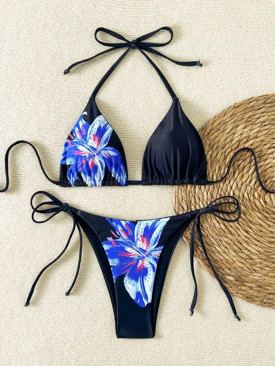 

Women Floral Print Tie-Front Bikini Set Triangle Top Tie-Side Bottoms Beach Swimwear