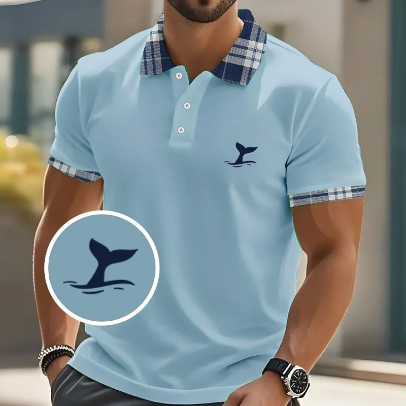 

3D Print Whale Pattern Short Sleeve Polo Shirts Men's Outdoor Street Business Casual Pullover Loose Button Lapel Clothes For Men