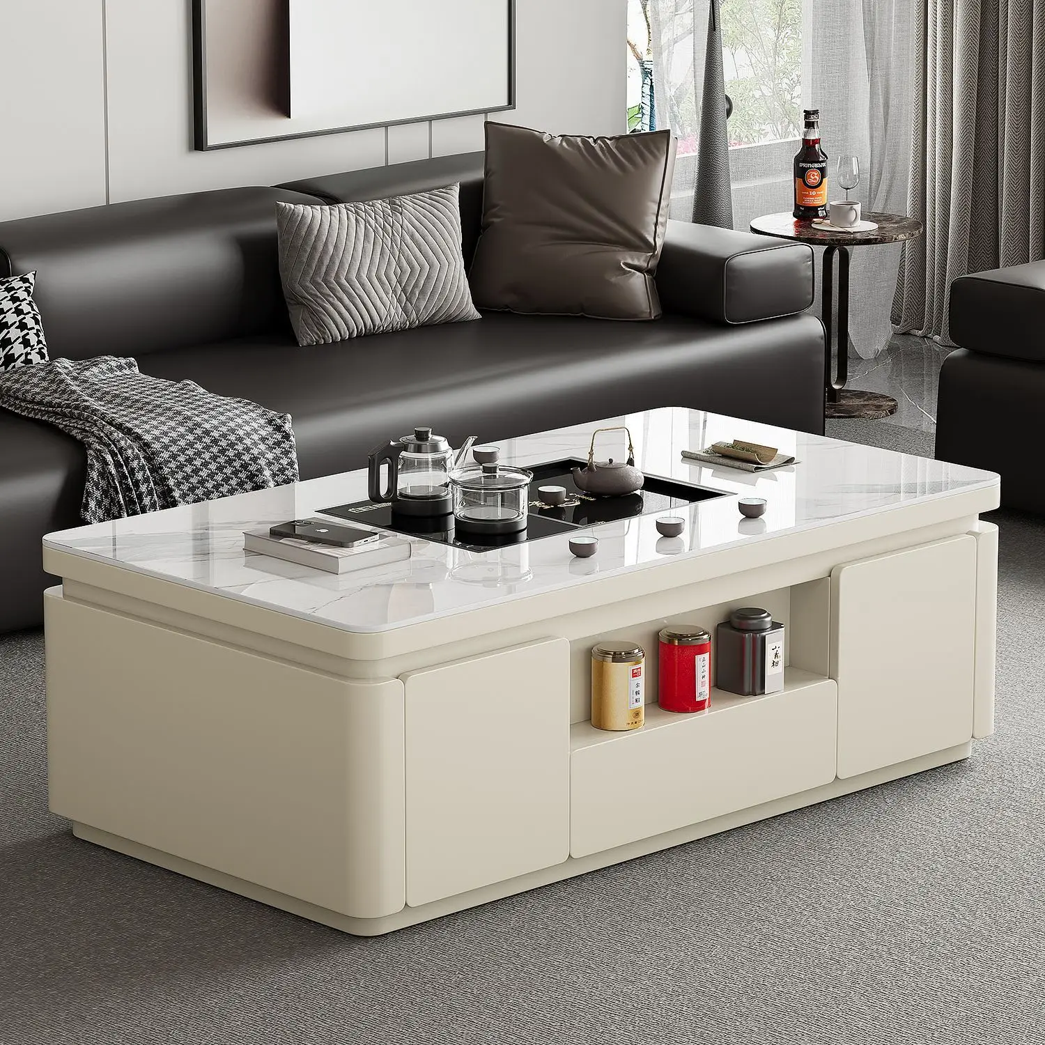 Light luxury rock slab Kung Fu tea making integrated intelligent automatic lifting tea table advanced sense living room