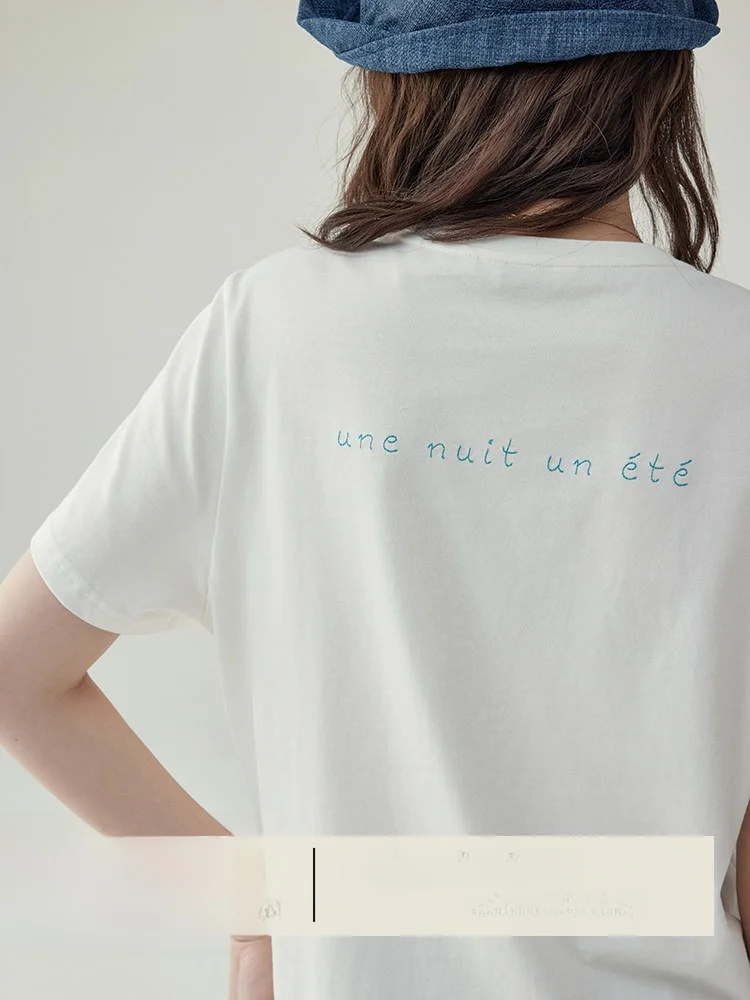 

AMUU Pure Color Shoulder T-Shirt Summer Short Sleeve Loose Versatile Letter Print Slimming Top French Style round Neck Cotton