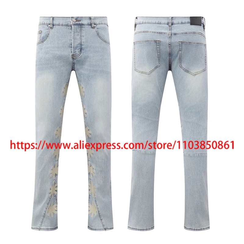 

25ss New LOST SHDWS JEANS Light Blue Casual Patchwork Embroidered Pattern Slim Denim Trousers Street Trend Straight Pants