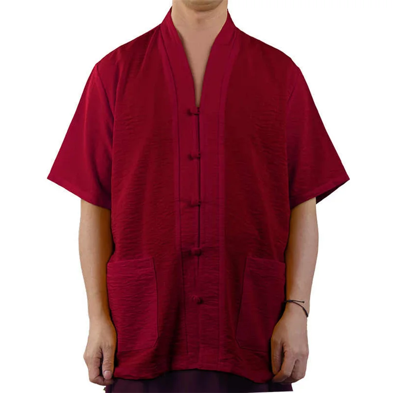 Summer Cotton Linen Monastic Garment Short Sleeve Tang Buttons Jacket Tops Tibetan Lama Breathable Buddhist Monk Shirt TP101