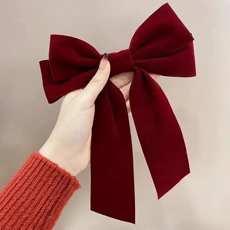 Girls Black Red Big Velvet Bow for Women Vintage Wedding Long Ribbon Korean Hair Pin Barrette Fashion Hair Accessories