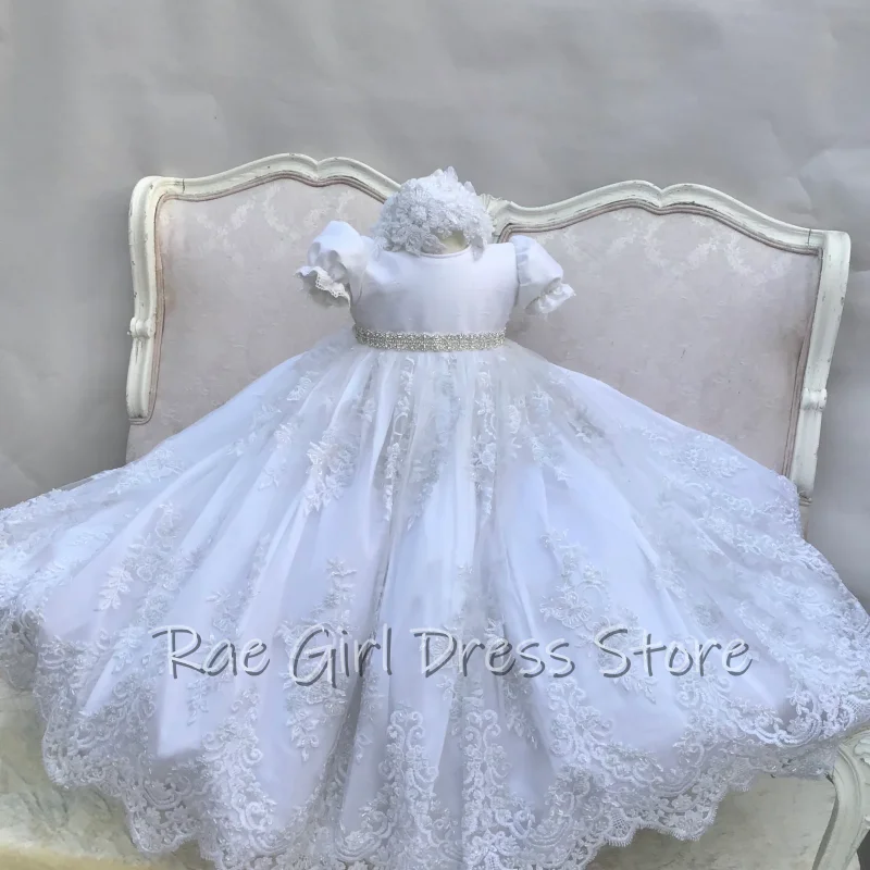 Christening Flower Girl Dress Puff Short Sleeve Rhinestone Waist Belt Matching 3D Floral Lace For Baptism Baby Shower Customized