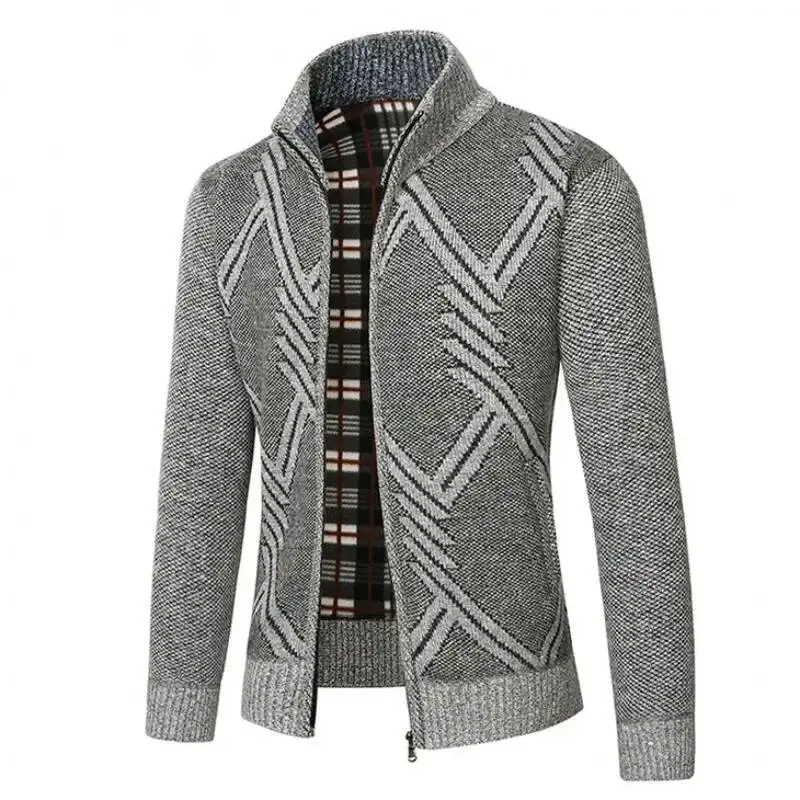 Fleece Lined Knitted Zipper Front Stand Collar Diamond Pattern Open Cardigan Sweater Jacket For Men Autumn Winter Fashion