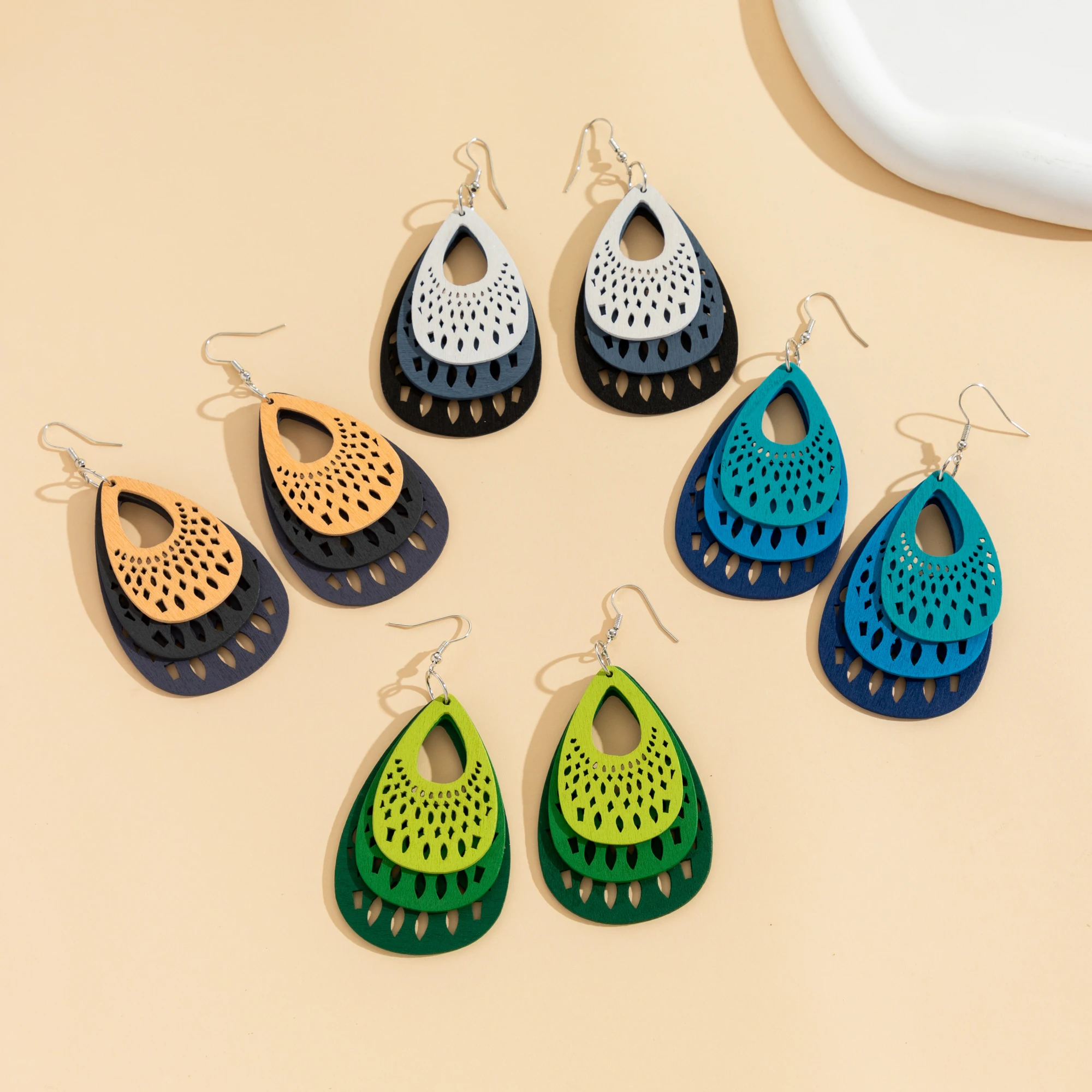 8PCS hollow wooden earrings special beautiful staggered gradient color large water drop peacock color