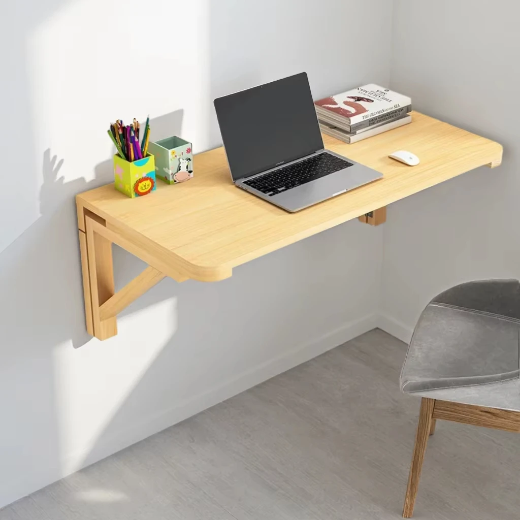 Wall Mounted Solid Wood Folding Table Triangular Bracket Load-Bearing Waterproof Stain-Resistant Easy to Clean for Home Office
