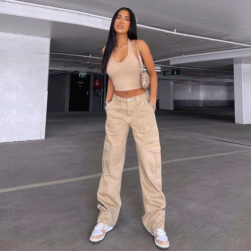 

Women Jeans Cargo Pants Denim Ankle Length Pockets Basics Loose Fit Mid Waist Washing Zipper Solid Spring Slight Strech