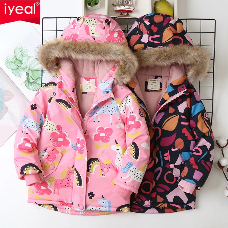 

IYEAL Children Clothes Winter Jackets Girls Windproof Warm Hooded Kids Cotton Padded Printed Coats With Plush Thicken Outerwear