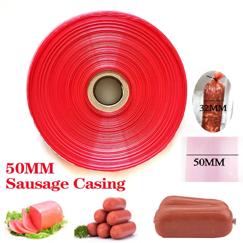 30 Meter Gehäuse für Wurstschale, breit, 5 cm, Lebensmittelqualität, Hot-Dog-Kunststoff, unießbare Gehäuse, transparente rote Farbe, Schinken-Küchenwerkzeuge