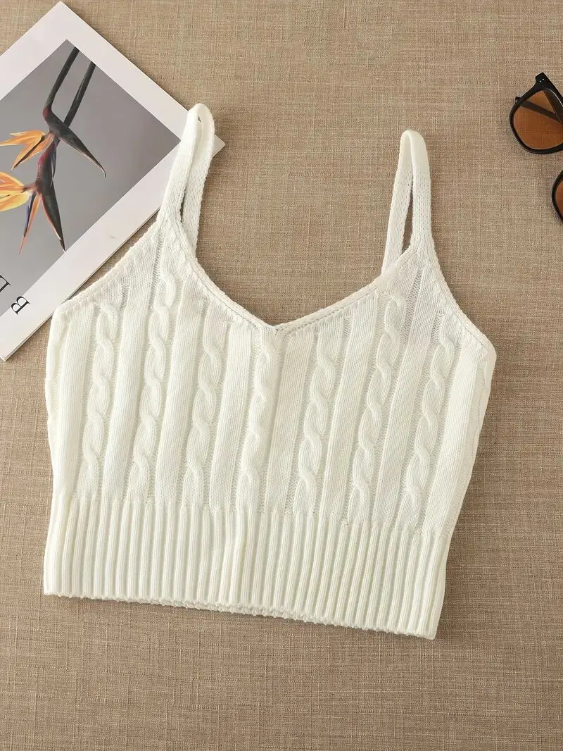 Cable Knit Ribbed Knitted Vest, Sexy Solid V Neck Backless Spaghetti Strap Sweater Vest For Spring & Summer, Women's Clothing