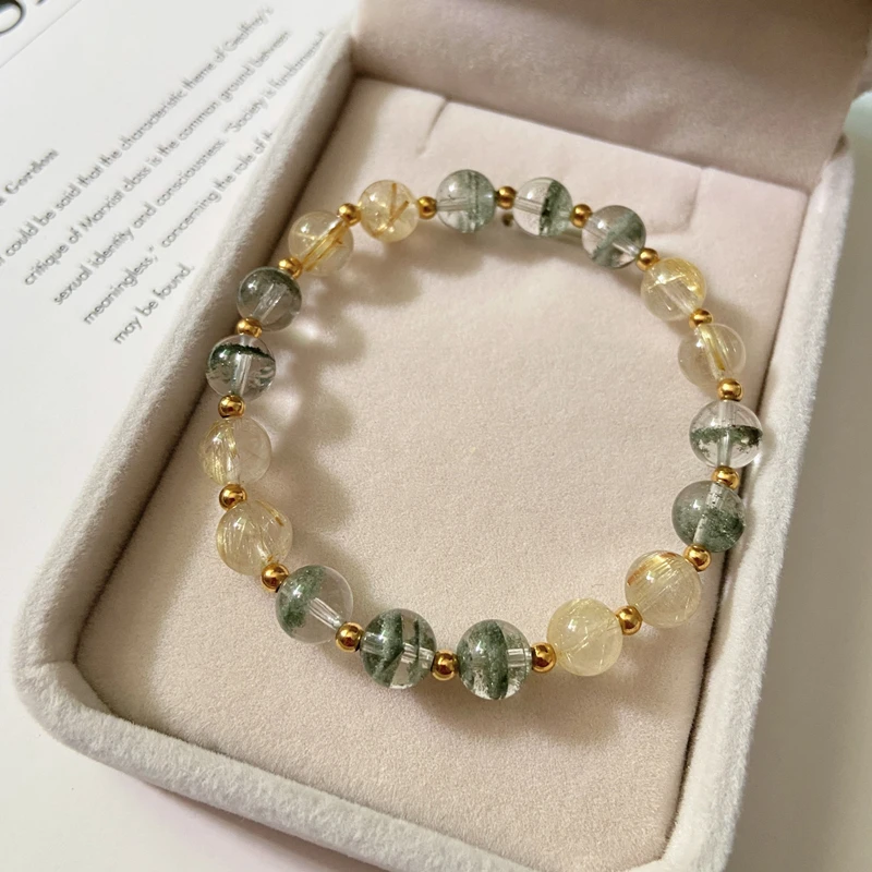 

Natural Stones Green Phantom Quartz /Gold Rutilated Quartz Beaded Strand Bracelets Wealth Luck Healing Stone Jewelry for Women