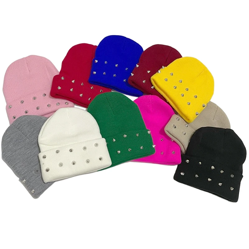 Punk Rivet Beanie Unisex Winter Skull Cap, Stretchable Soft Warm Plain Knit Hat for Street Style