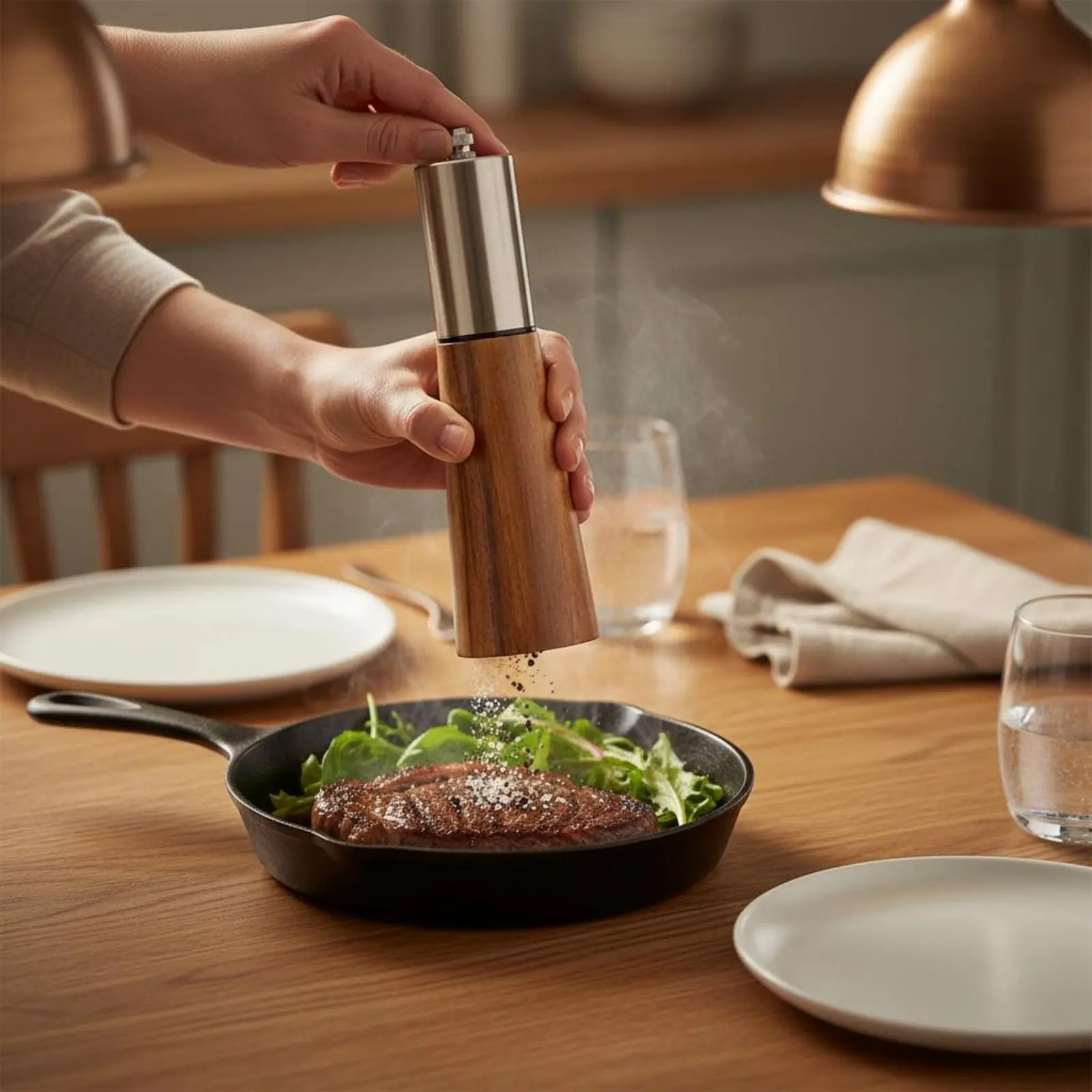 Wooden Table Seasoning and Pepper Grinder Set Modern Design Acacia Wood Grinder Set for Restaurant