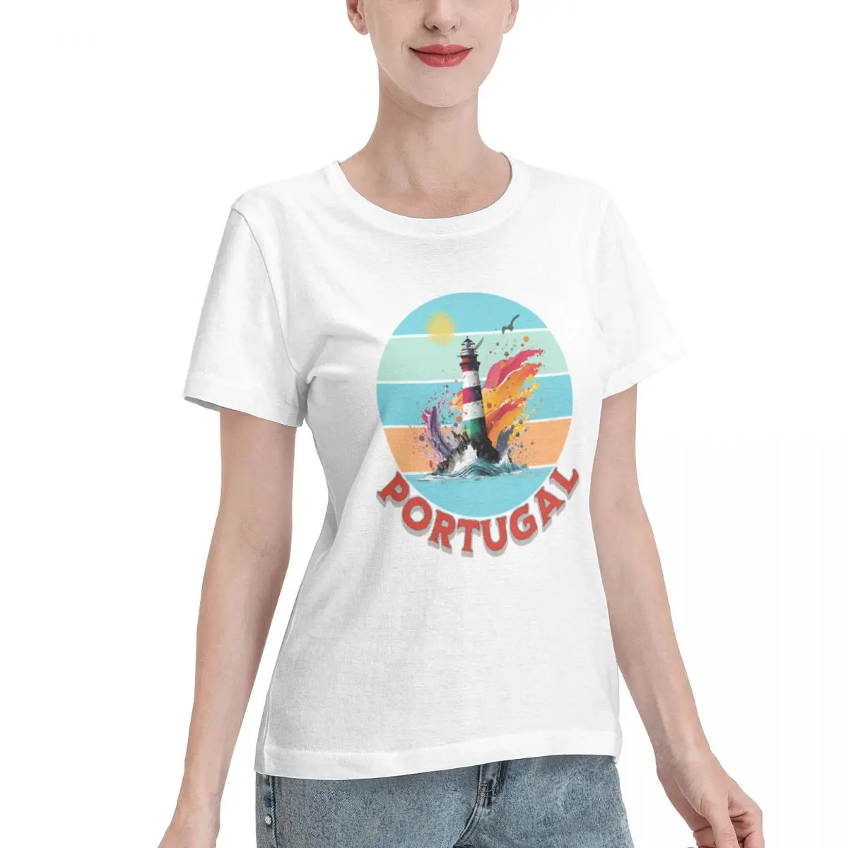 All Season Wear Portugal Light House Retro Sunset Design- S And Stickers Women's T-shirt Shopping Loungewear Top