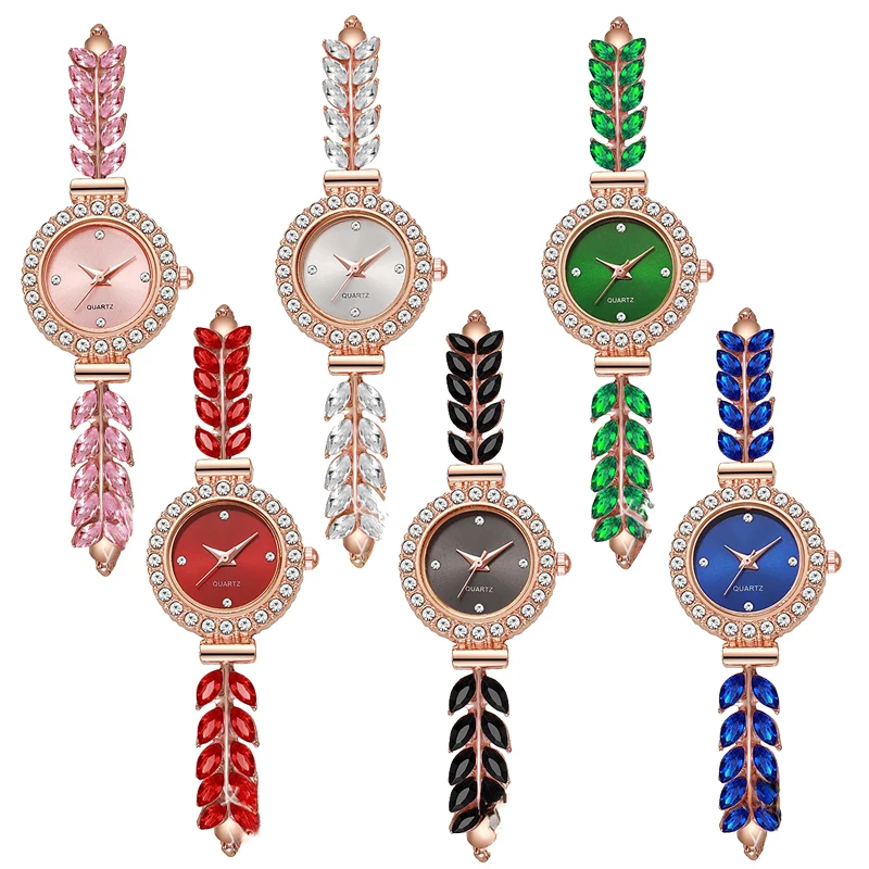 Women's Quartz Watch with Diamond Studded Leaf Shaped Dial Simple Round Face and Adjustable Strap for Daily Wear Fashion Ladies