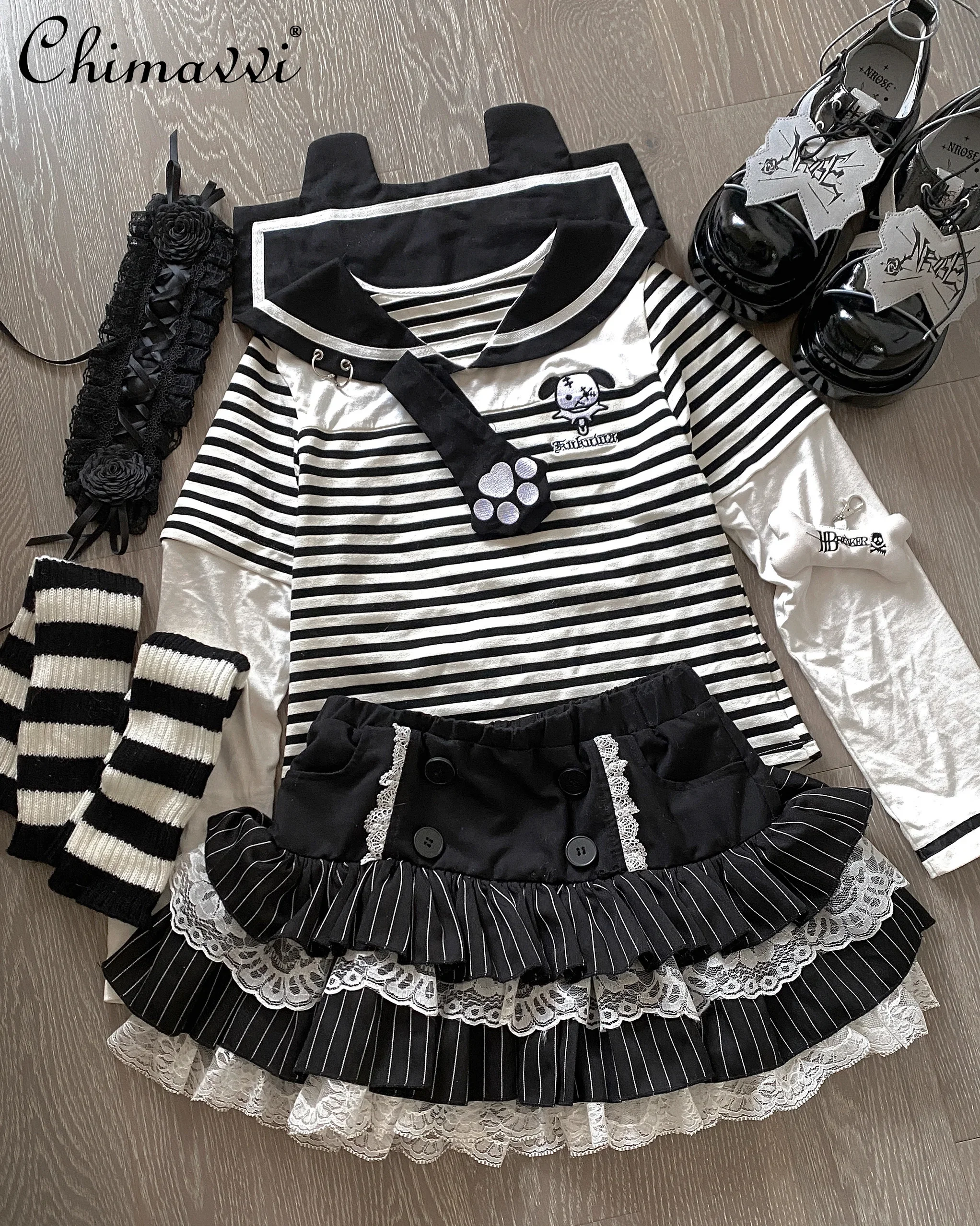 

Japanese Subculture Striped Navy Collar Long-sleeved T-shirt Cat Claw Tie High Waist Skirt Set Autumn New Women's Two-piece Set