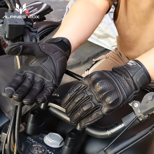 Imagen 2 del producto Guantes de Moto de cuero perforado Retro de verano para hombres y mujeres, Guantes de motociclista de Motocross con dedos completos, Guantes, equipo de Moto M-XXL