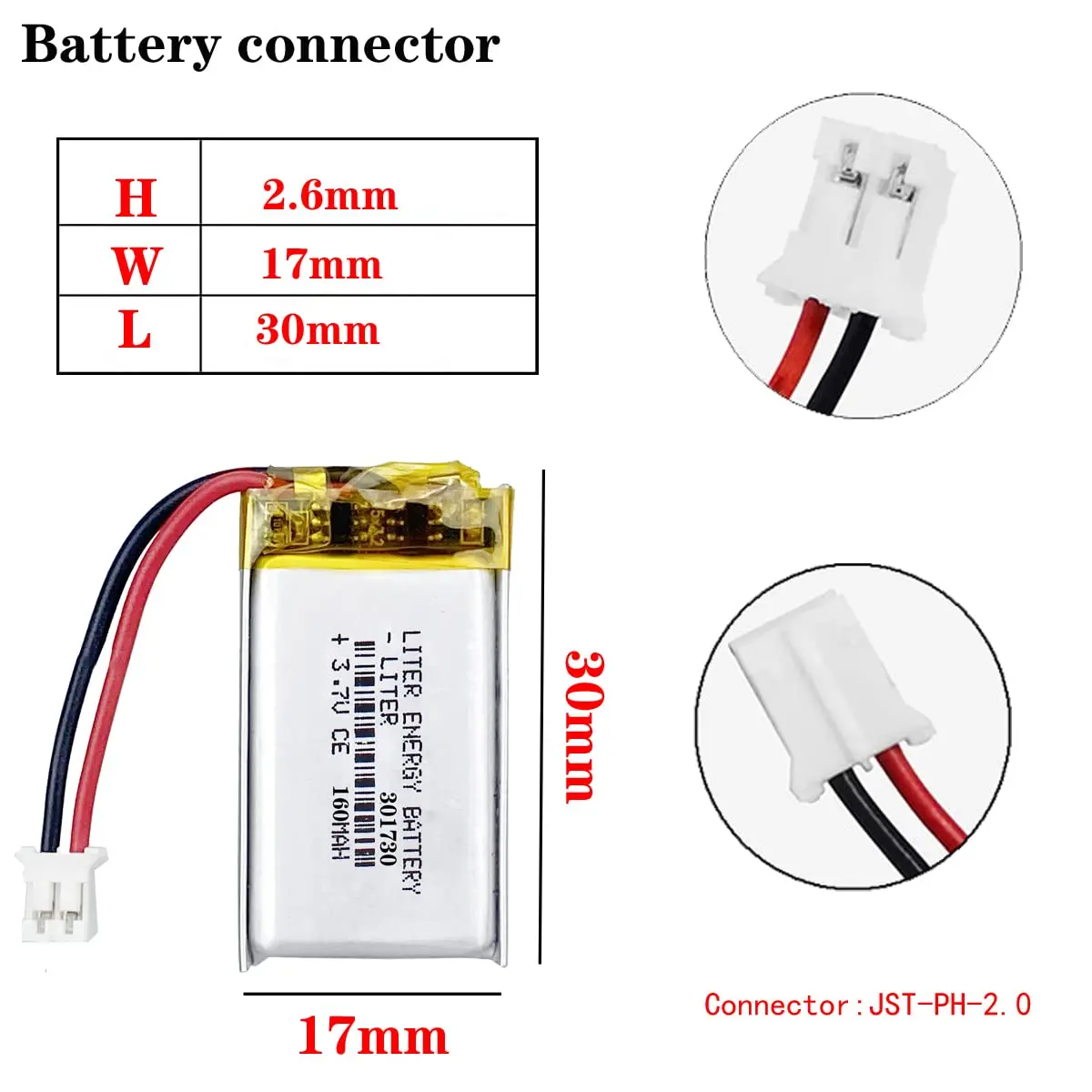 Liter 3.7V 160mAh 301730 Lipo Battery Rechargeable Lithium Polymer ion Battery Pack with JST 2.0mm Connector