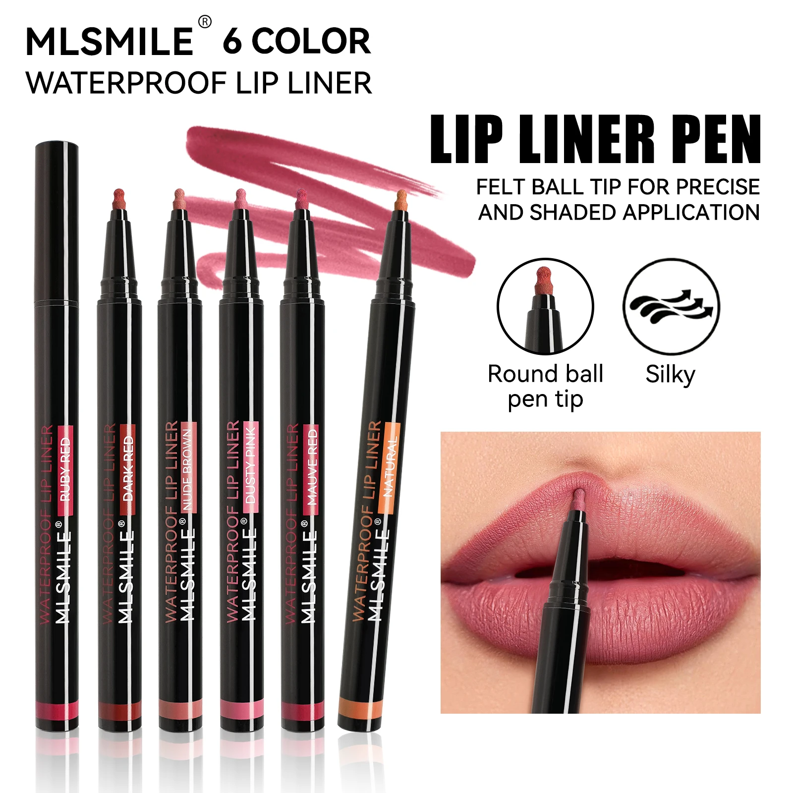 MLSMILE 2025 Nuevo delineador de labios y lápiz labial de 6 colores: resistente al agua, fácil de colorear, lápiz labial antiadherente con un diseño único de punta de bolígrafo