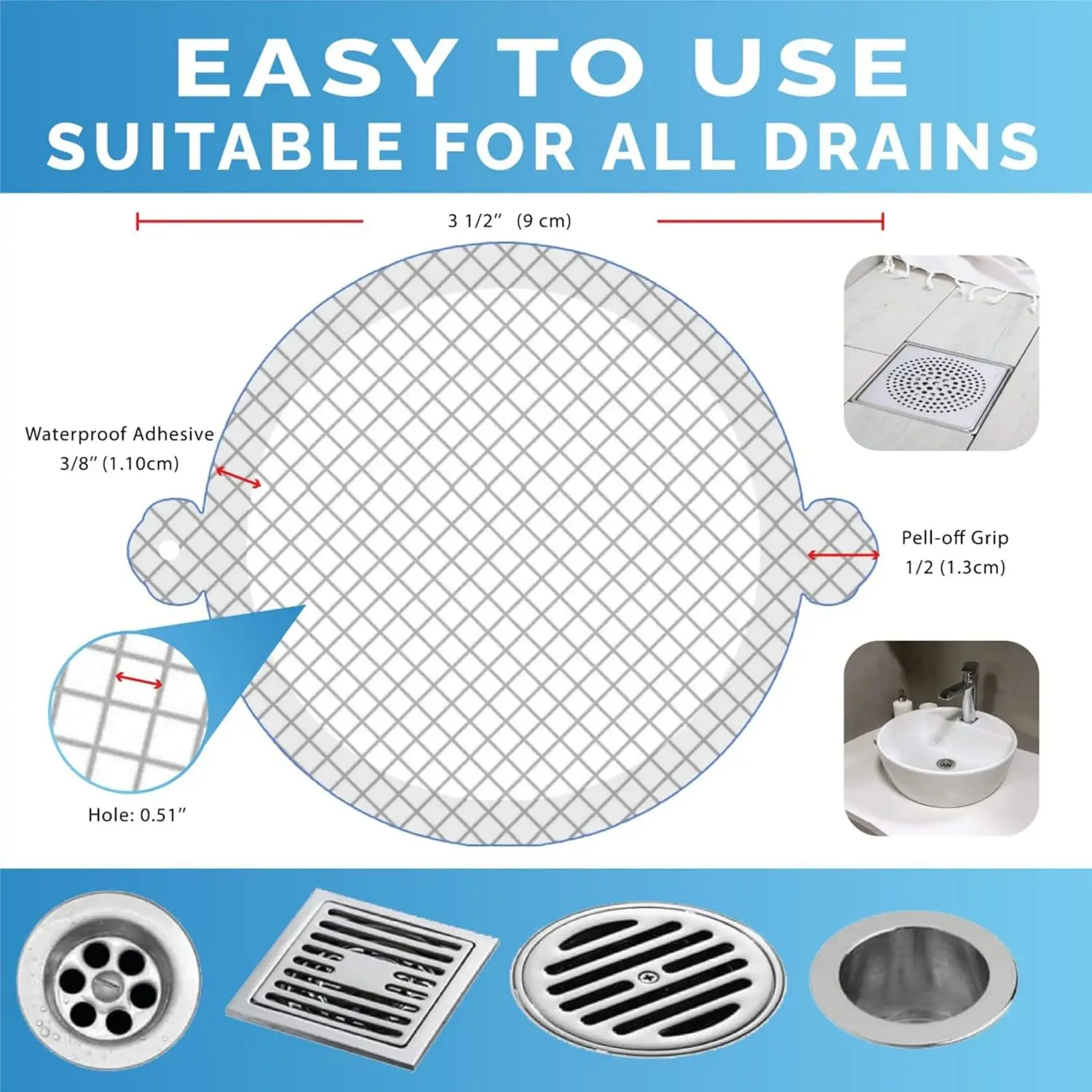 35 Pack Disposable Shower Drain Hair Catcher Mesh Peel Stick Strainers Prevent Clogs Waterproof Adhesive Covers Shower Bathtub view 2