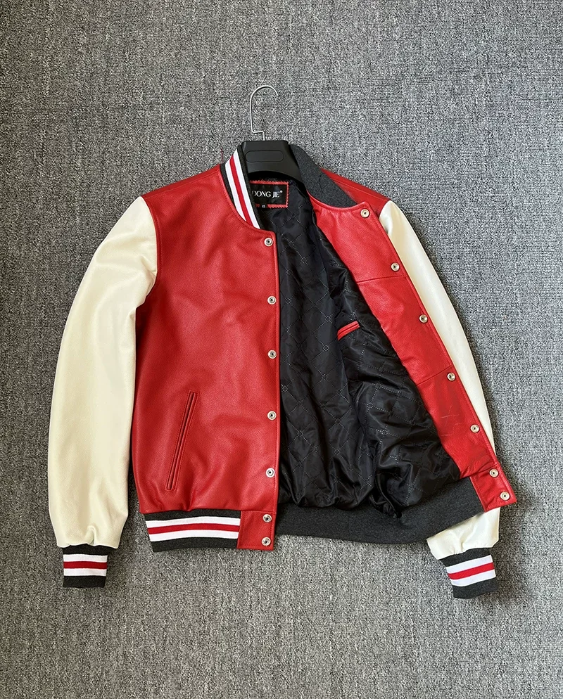 Imported first-layer calfskin genuine leather jacket men's leather jacket baseball uniform red casual leather jacket simple larg